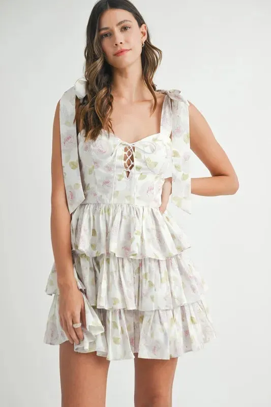 Skye Floral Print Shoulder Tie Layered Mini Dress