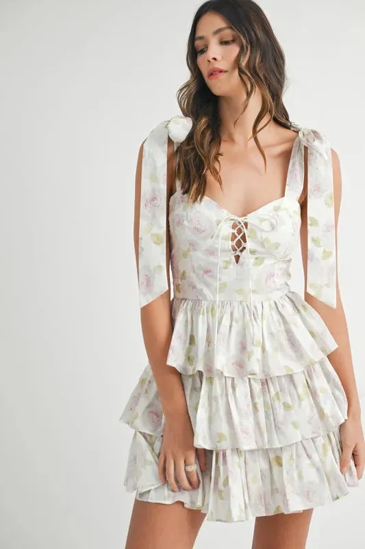 Skye Floral Print Shoulder Tie Layered Mini Dress