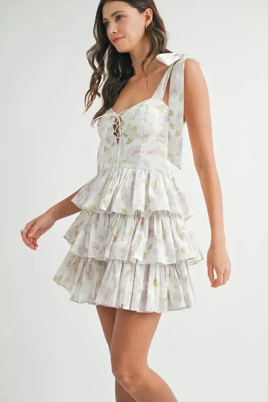 Skye Floral Print Shoulder Tie Layered Mini Dress