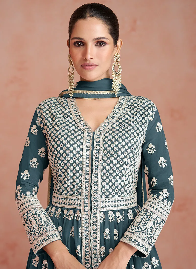 Slate Grey Embroidery Slit Style Festive Anarkali Lehenga