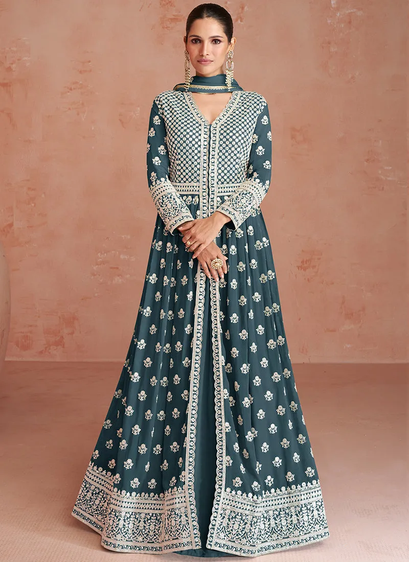 Slate Grey Embroidery Slit Style Festive Anarkali Lehenga