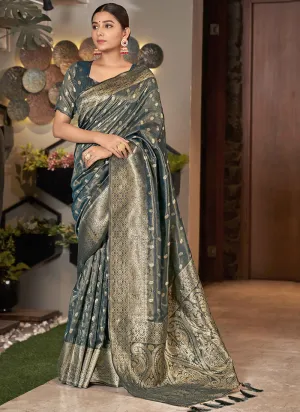 Stell Blue Jacquard Silk Festive Saree