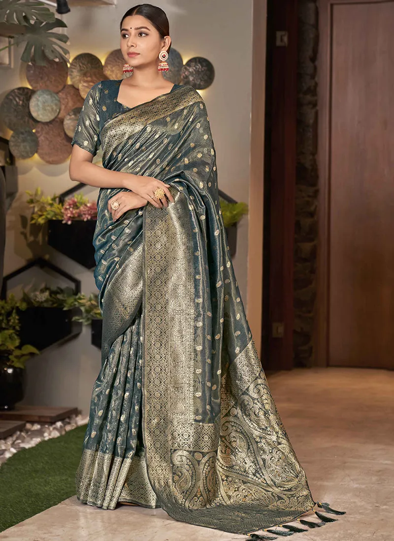 Stell Blue Jacquard Silk Festive Saree