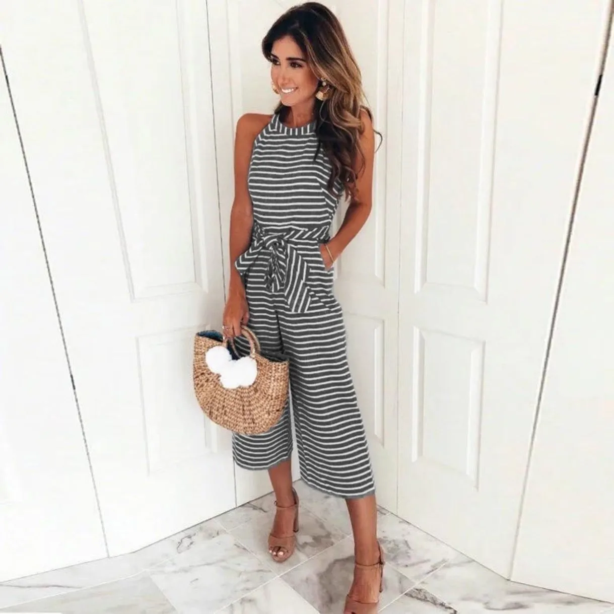 Striped Jumpsuit | Sleeveless | Wide-Leg & Lightweight