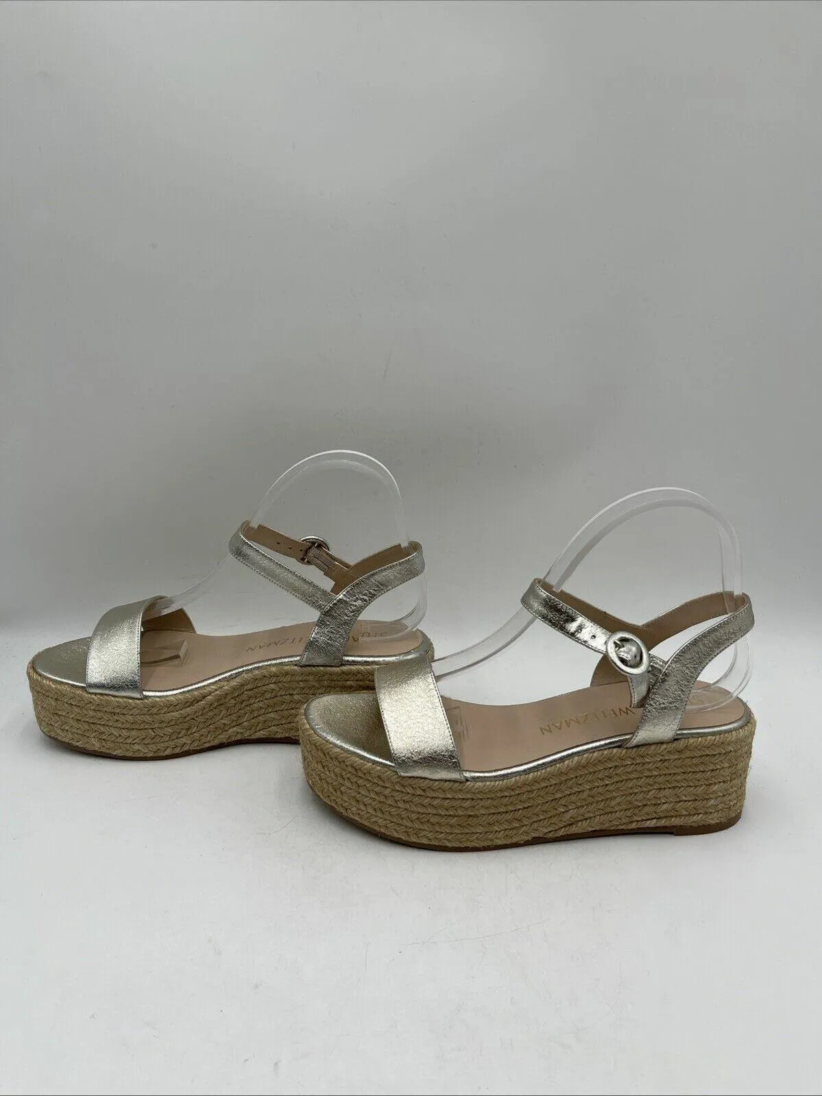 Stuart Weitzman Platino Leather Open Toe Ankle Strap Espadrille Sandal Size 8.5M - Very Good