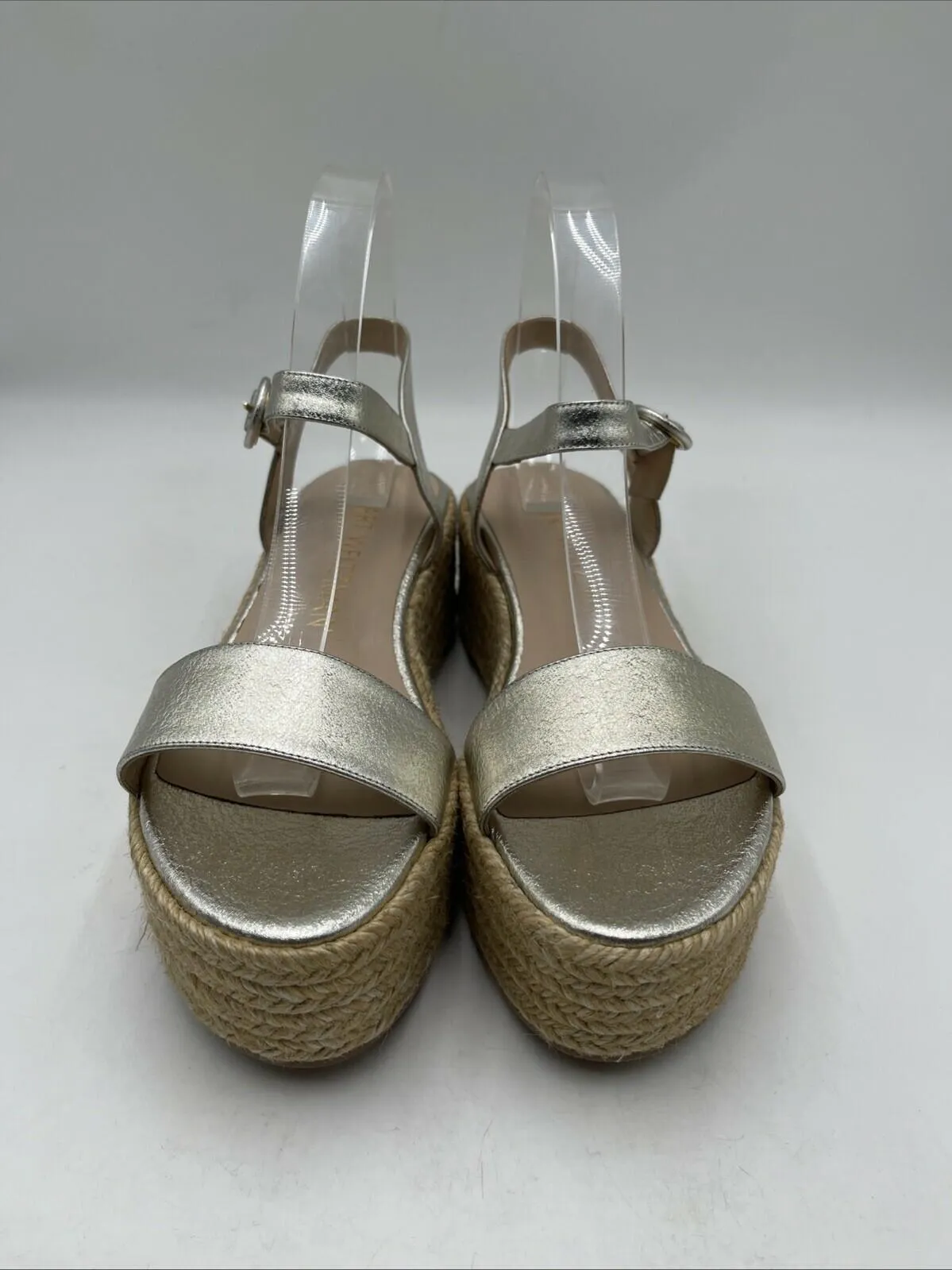 Stuart Weitzman Platino Leather Open Toe Ankle Strap Espadrille Sandal Size 8.5M - Very Good