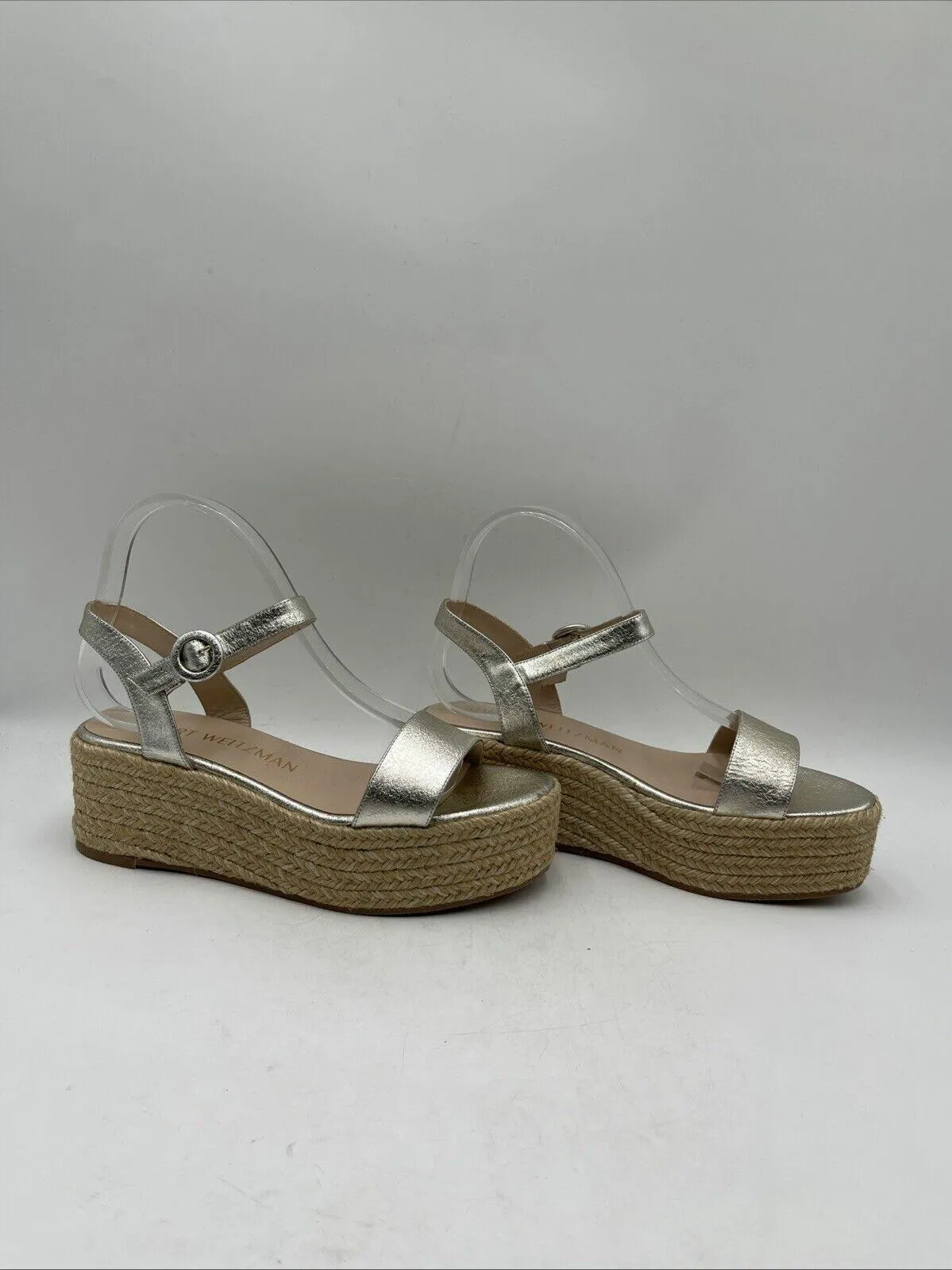 Stuart Weitzman Platino Leather Open Toe Ankle Strap Espadrille Sandal Size 8.5M - Very Good