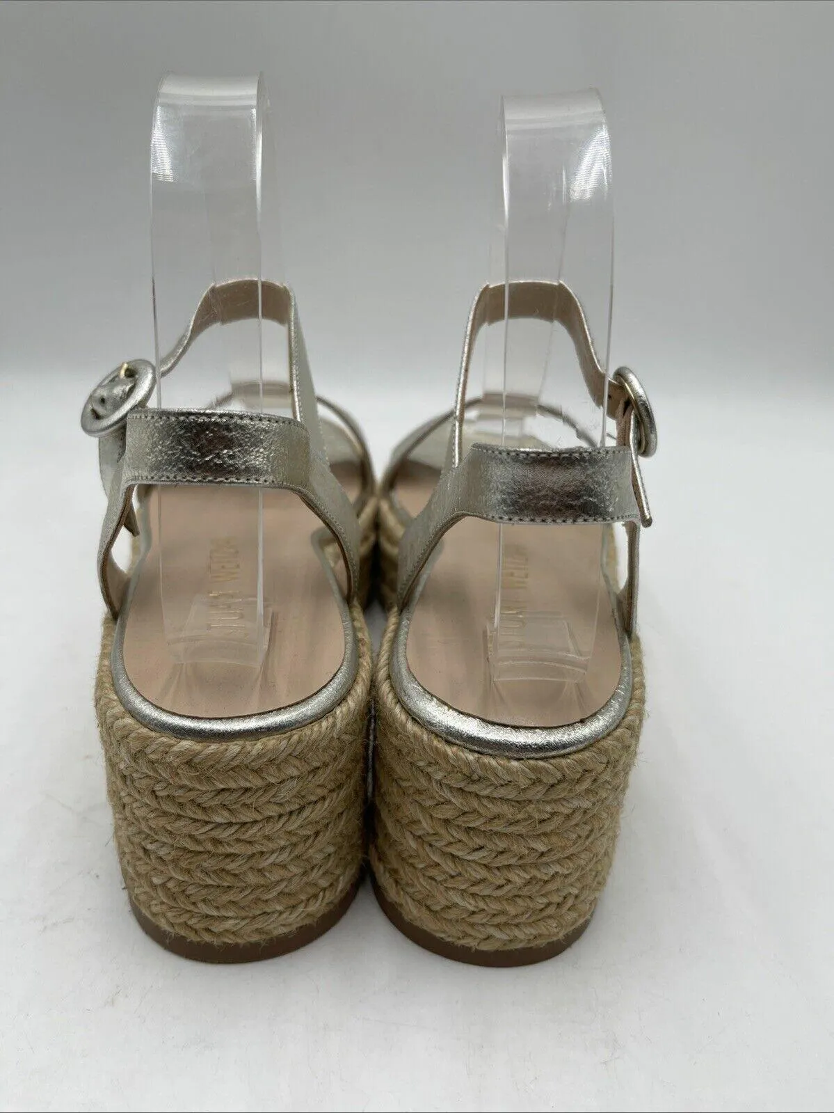Stuart Weitzman Platino Leather Open Toe Ankle Strap Espadrille Sandal Size 8.5M - Very Good