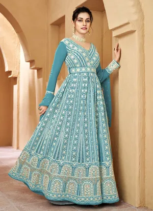 Teal Blue Lucknowi Embroidery Anarkali Gown
