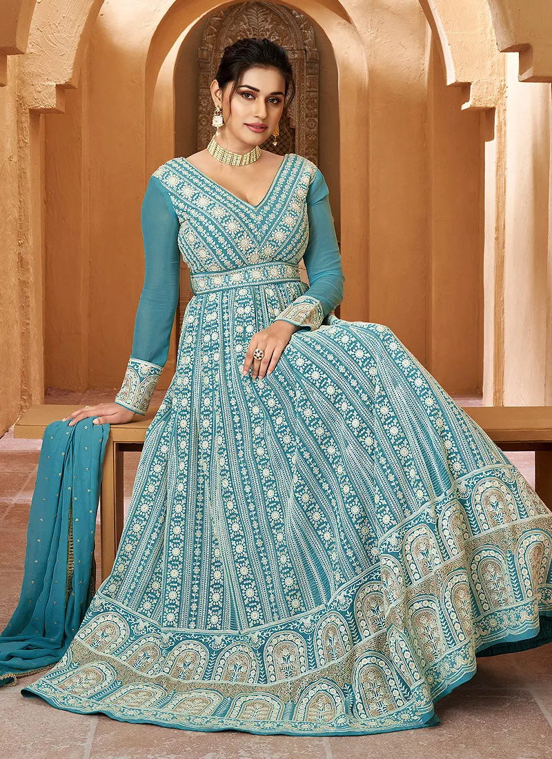 Teal Blue Lucknowi Embroidery Anarkali Gown