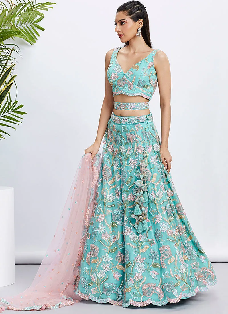 Teal Blue Multi Embroidery Lehenga Choli And Dupatta