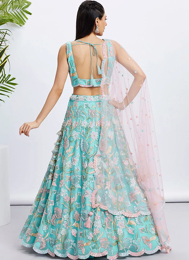 Teal Blue Multi Embroidery Lehenga Choli And Dupatta