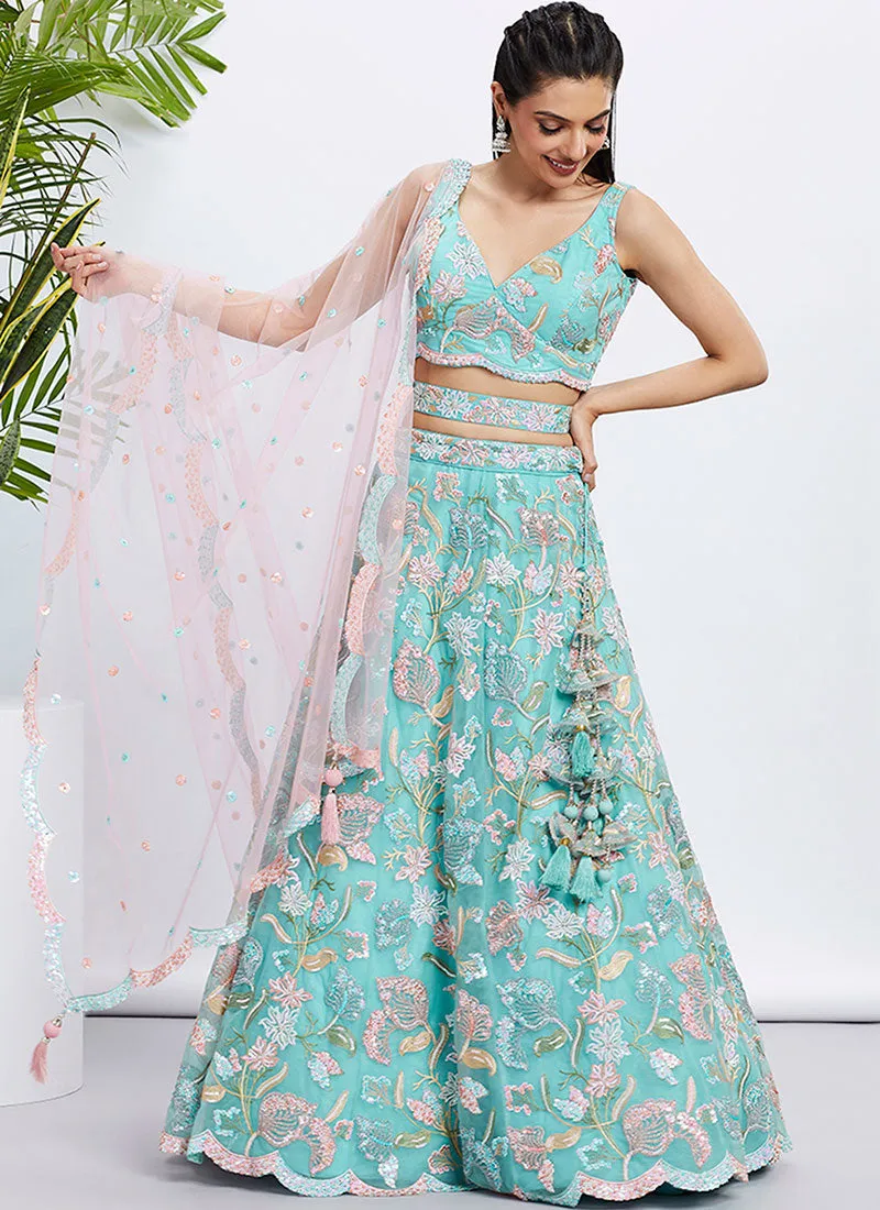 Teal Blue Multi Embroidery Lehenga Choli And Dupatta