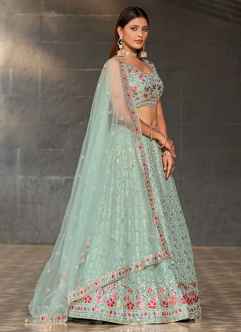 Teal Blue Sequence Embroidery Lehenga Choli And Dupatta