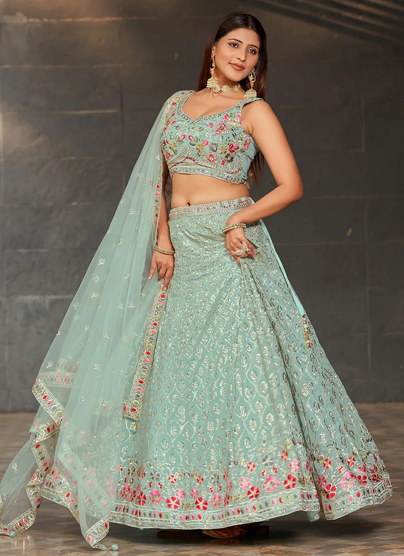 Teal Blue Sequence Embroidery Lehenga Choli And Dupatta