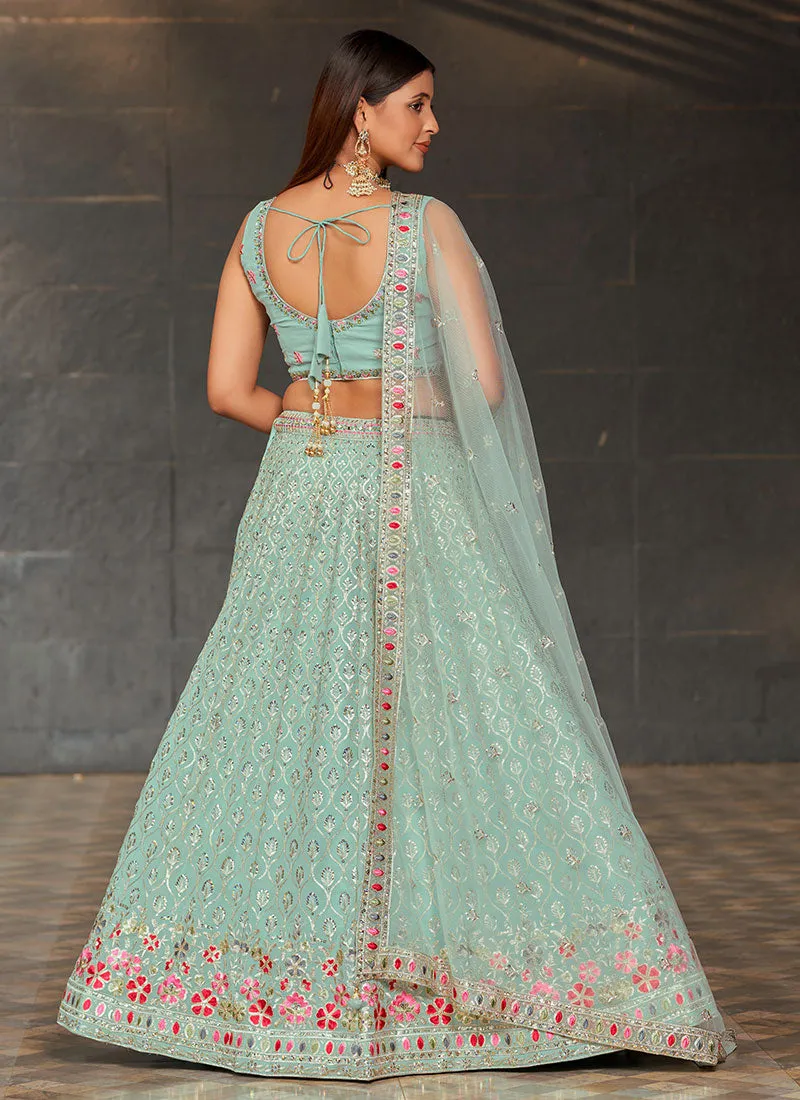 Teal Blue Sequence Embroidery Lehenga Choli And Dupatta