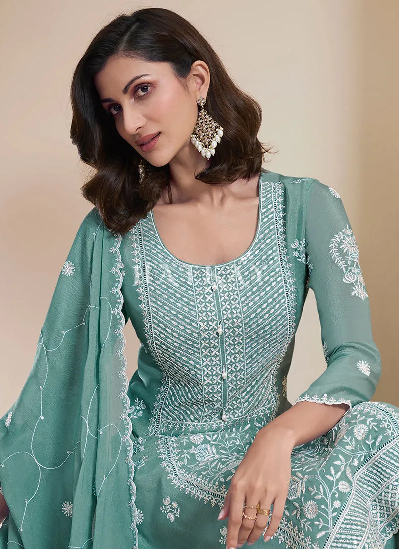 Teal Blue Thread Work Pakistani Style Suit