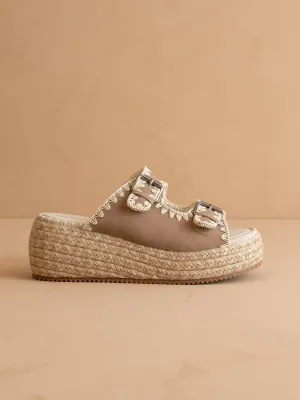 The Eugenia | Cedar Wood Embroidered  Raffia Platform Slide