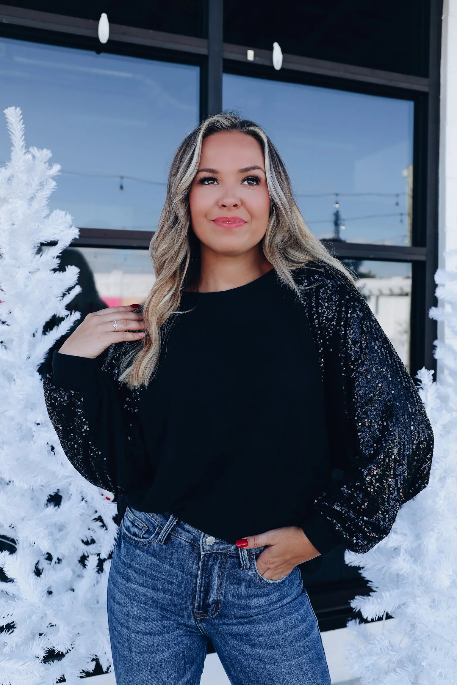 Tinsel Town Sequin Sleeve Top - Black