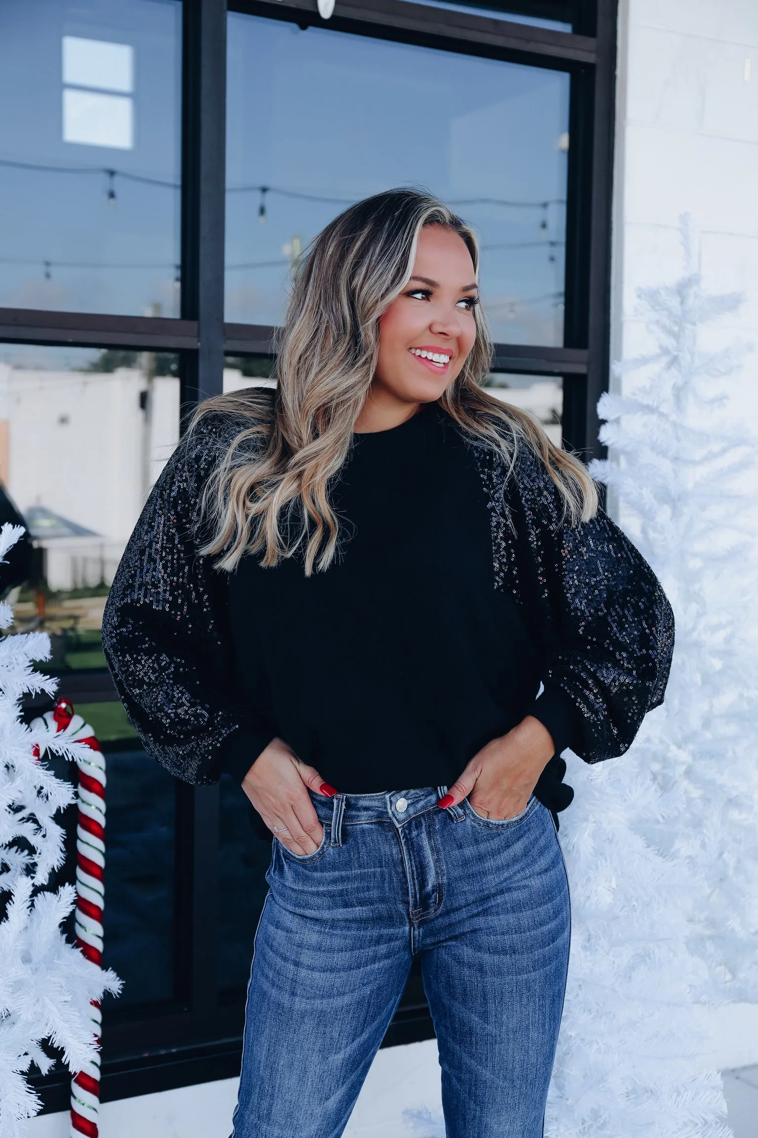 Tinsel Town Sequin Sleeve Top - Black