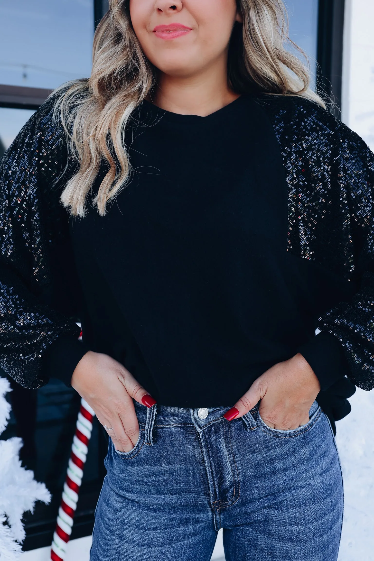 Tinsel Town Sequin Sleeve Top - Black