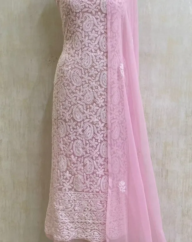 Trending Baby Pink Georgette Chikankari Salwar Suit Set Dress Material