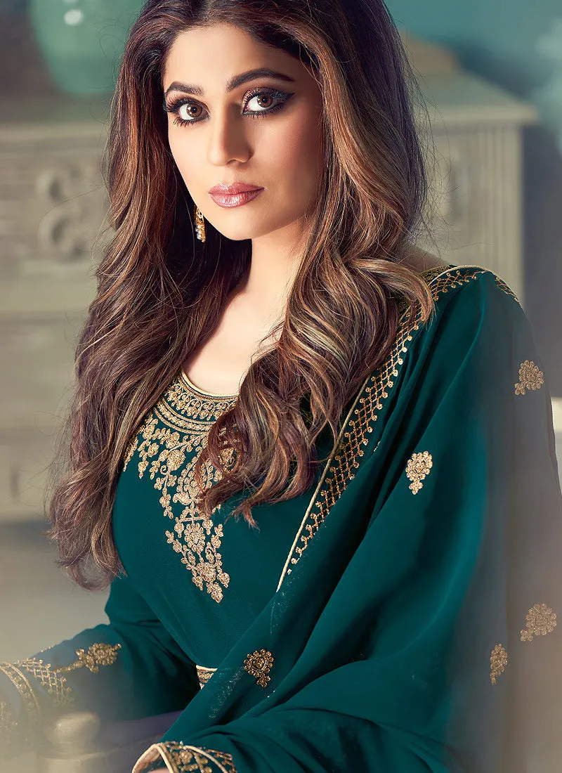 Turquoise And Gold Embroidered Anarkali