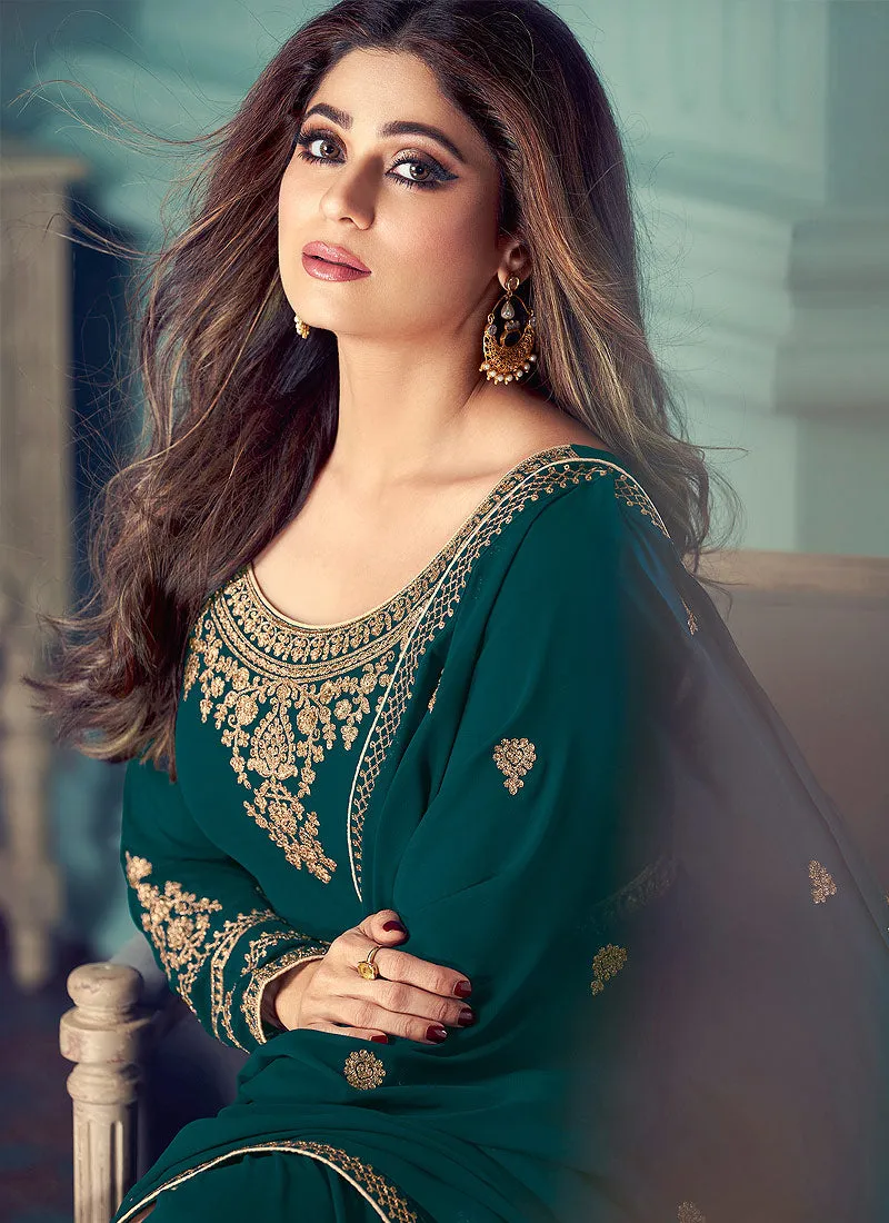 Turquoise And Gold Embroidered Anarkali