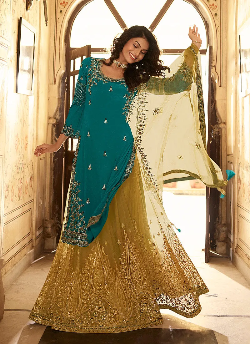 Turquoise And Yellow Multi Embroidered Lehenga Suit