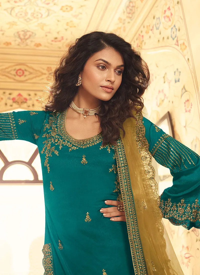 Turquoise And Yellow Multi Embroidered Lehenga Suit