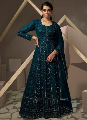 Turquoise Blue Lucknowi Embroidered Anarkali Gown