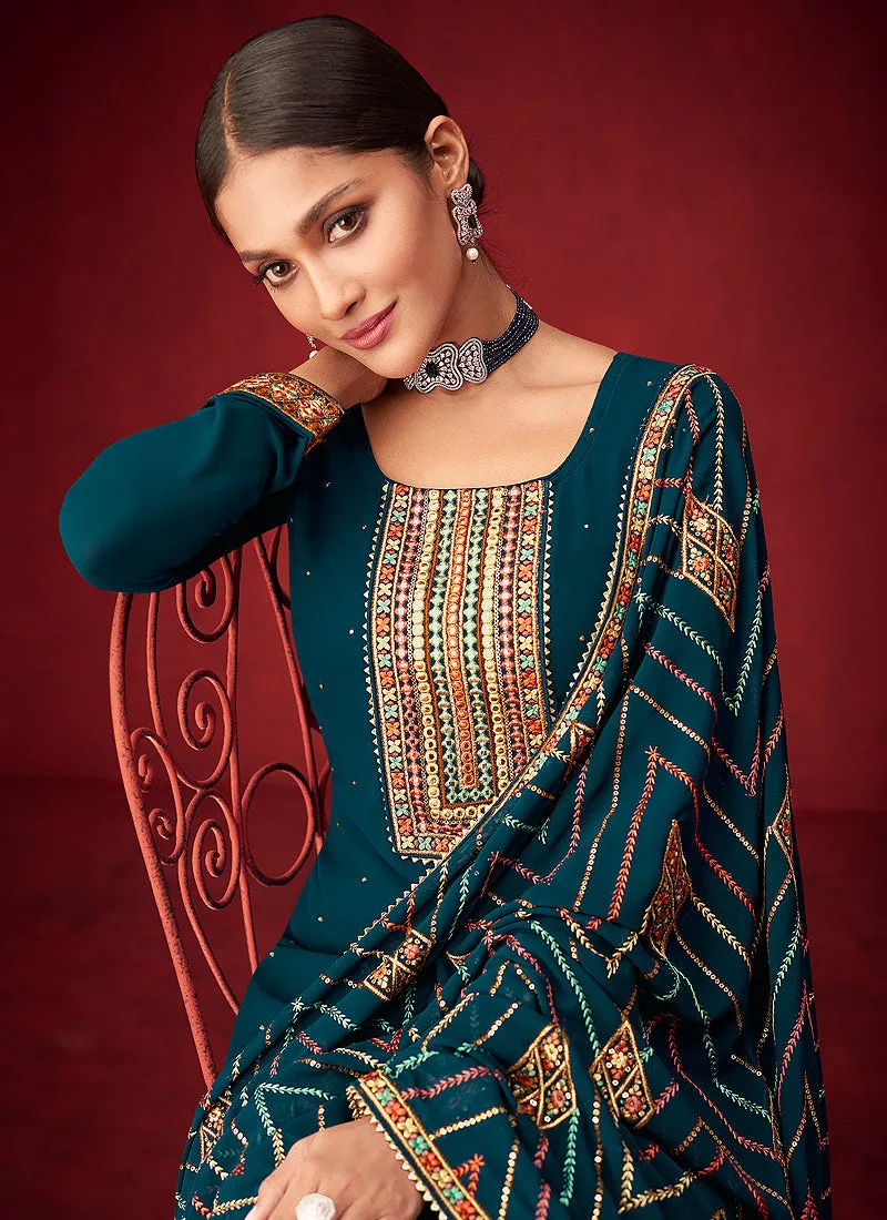 Turquoise Embroidered Indian Palazzo Suit