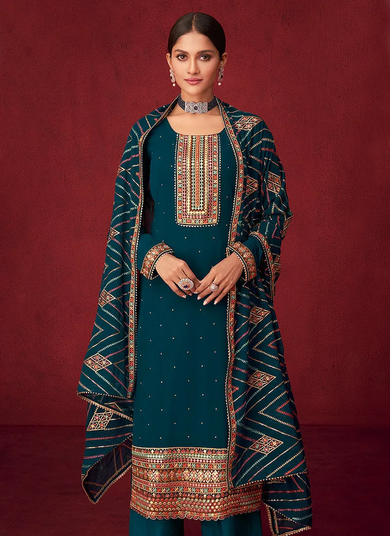 Turquoise Embroidered Indian Palazzo Suit