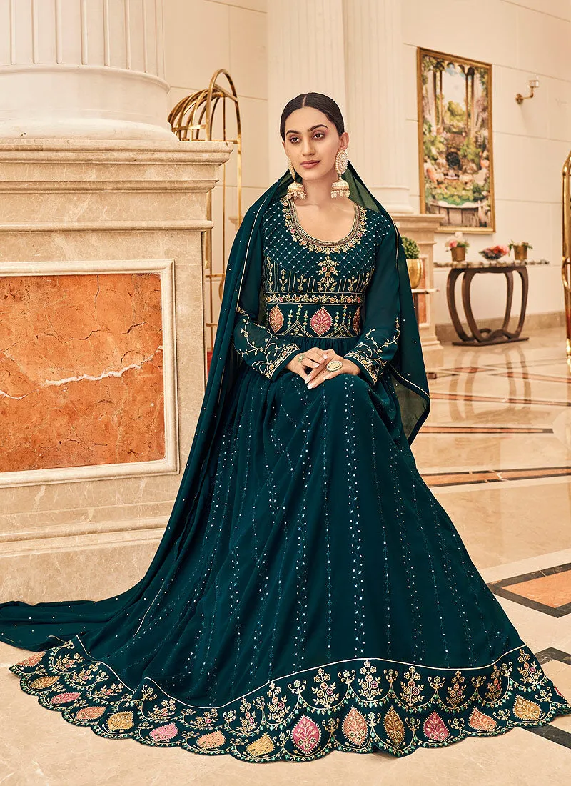Turquoise Embroidered Slit Style Anarkali Suit
