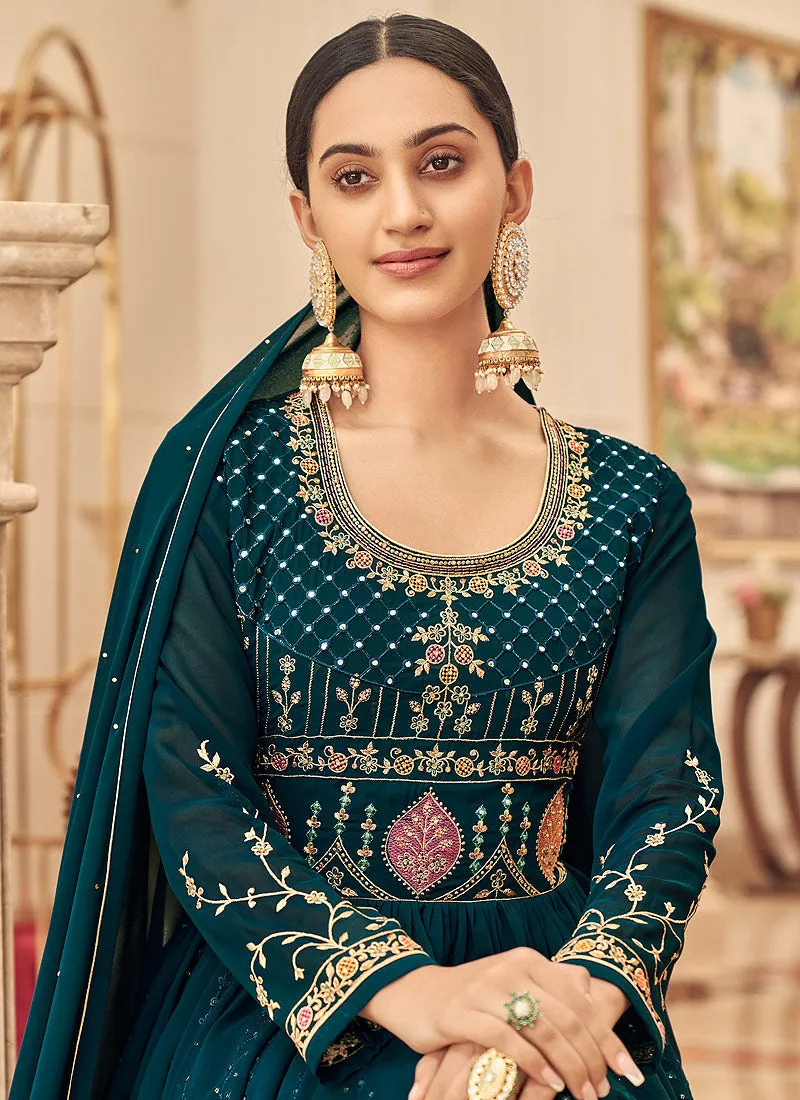 Turquoise Embroidered Slit Style Anarkali Suit