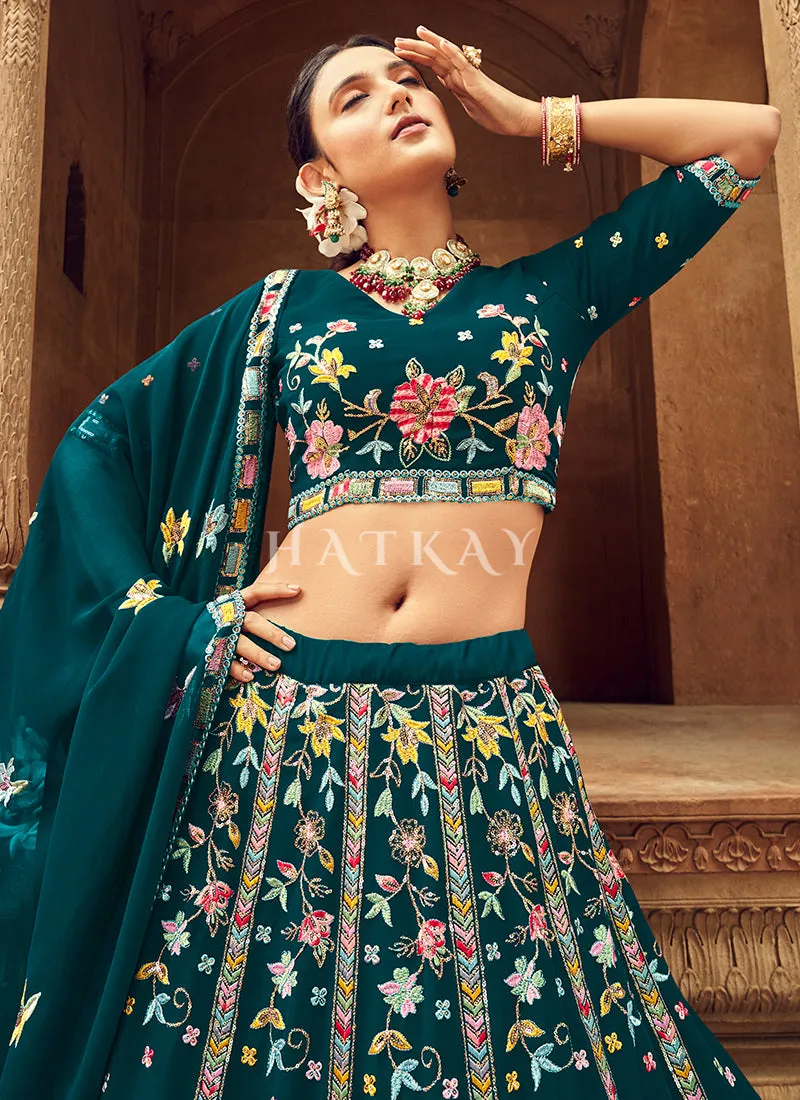 Turquoise Floral Embroidered Traditional Lehenga Choli