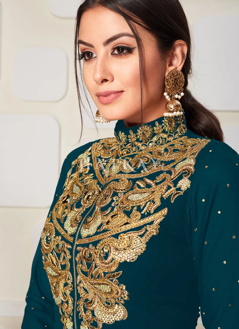 Turquoise Golden Zari Embroidery Jacket Style Pant Suit