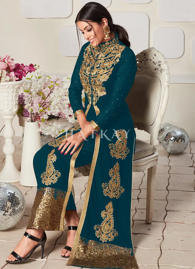 Turquoise Golden Zari Embroidery Jacket Style Pant Suit