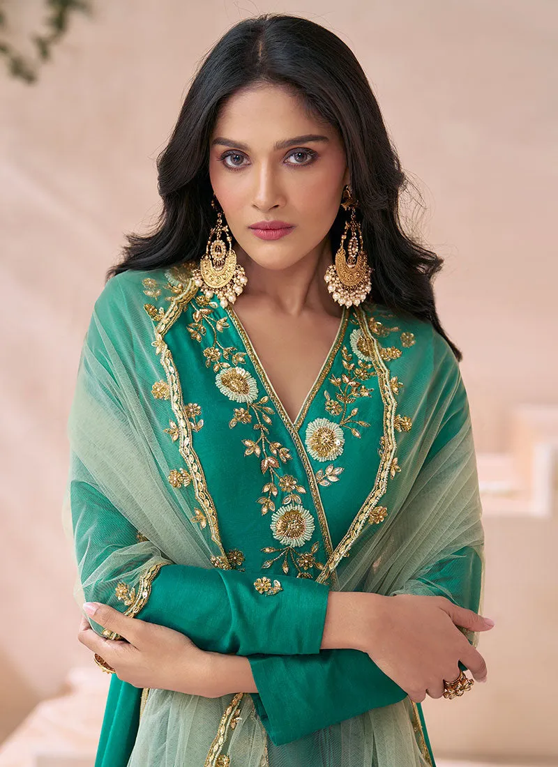 Turquoise Handwork Embroidery Silk Anarkali Gown With Dupatta