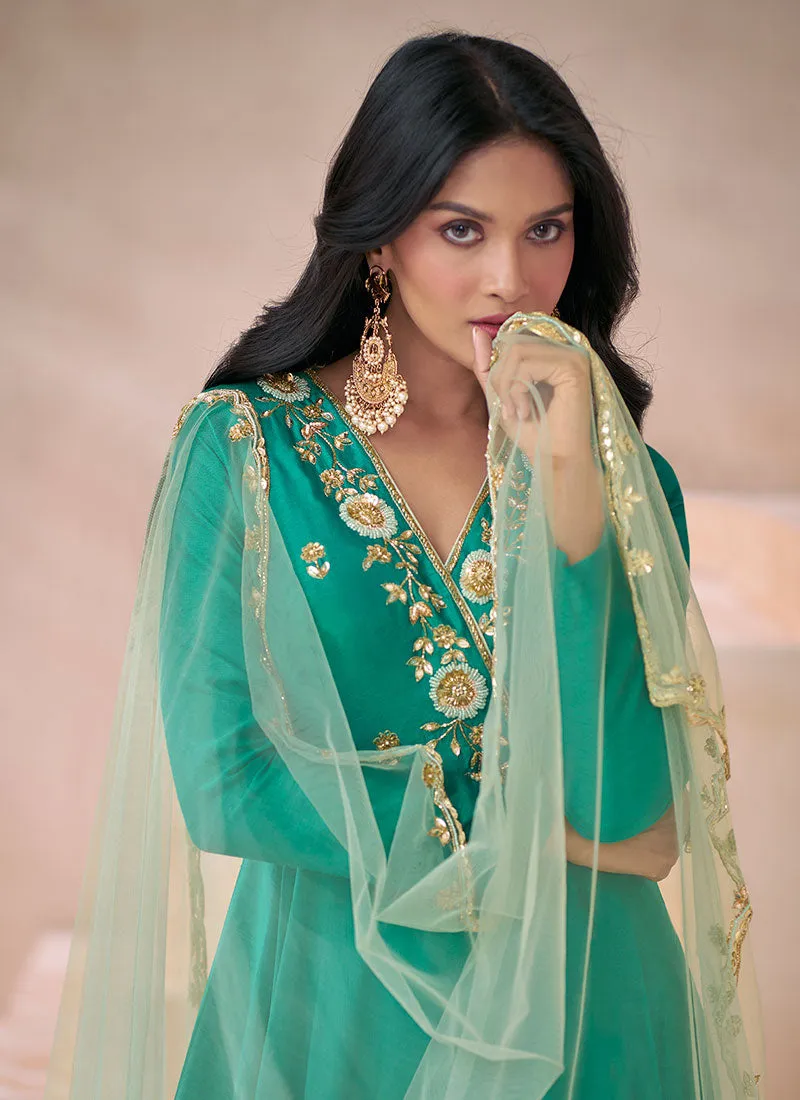 Turquoise Handwork Embroidery Silk Anarkali Gown With Dupatta