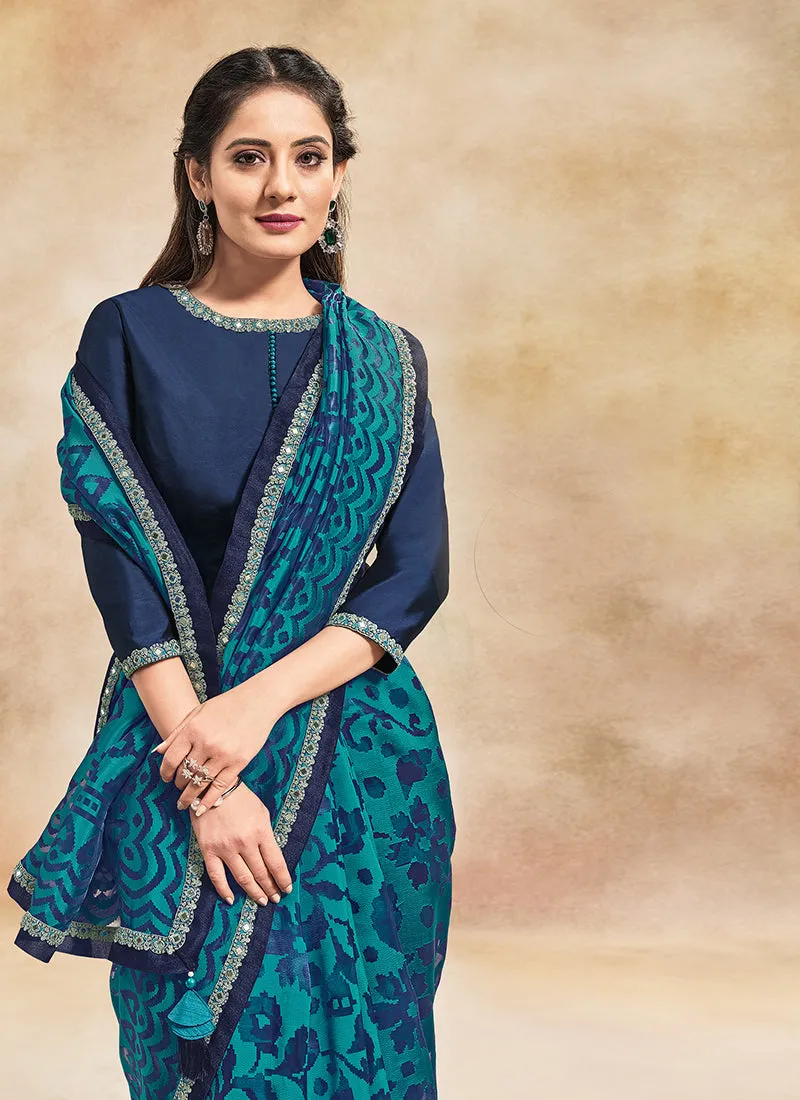 Turquoise Mirror Embroidered Party Wear Saree