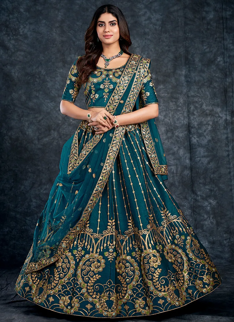 Turquoise Multi Embroidery Silk Wedding Lehenga Choli