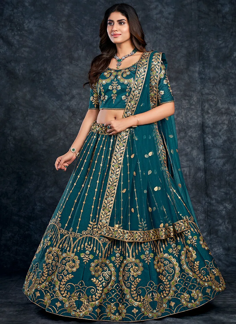 Turquoise Multi Embroidery Silk Wedding Lehenga Choli