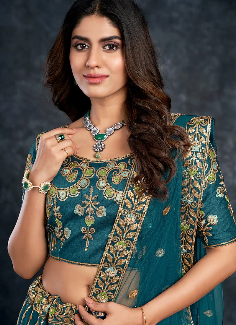 Turquoise Multi Embroidery Silk Wedding Lehenga Choli
