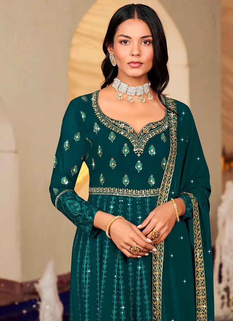 Turquoise Sequence Embroidery Georgette Anarkali Suit