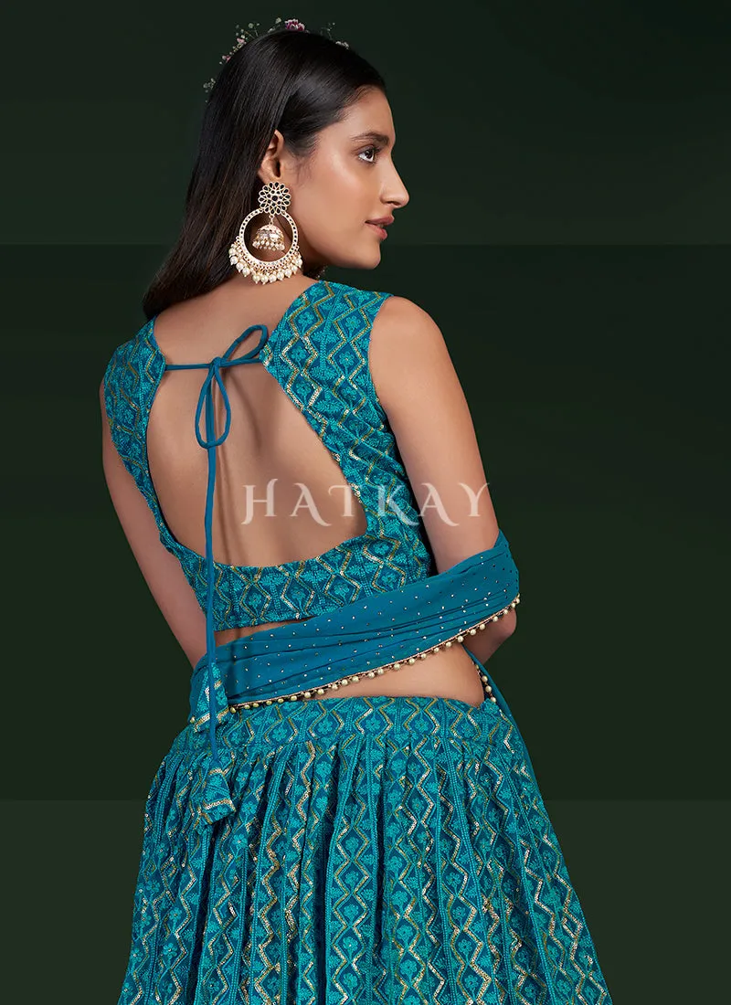 Turquoise Sequence Embroidery Traditional Lehenga Choli