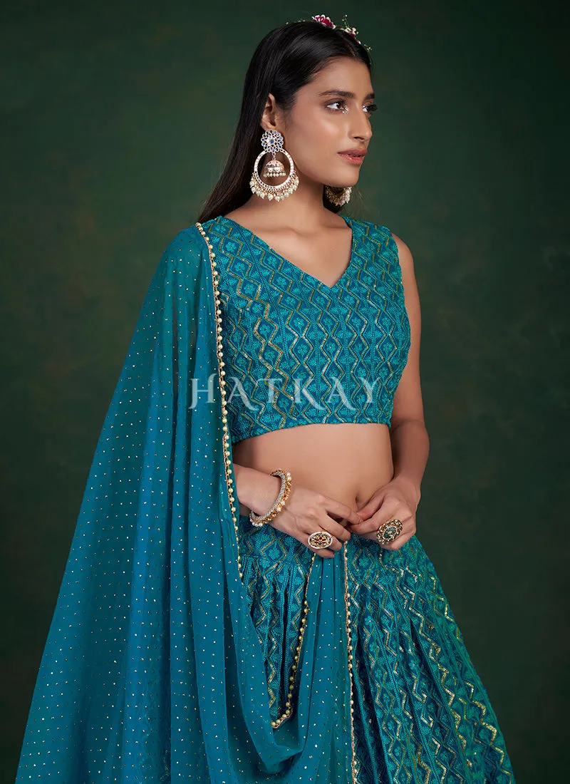 Turquoise Sequence Embroidery Traditional Lehenga Choli