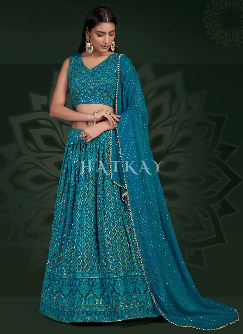 Turquoise Sequence Embroidery Traditional Lehenga Choli