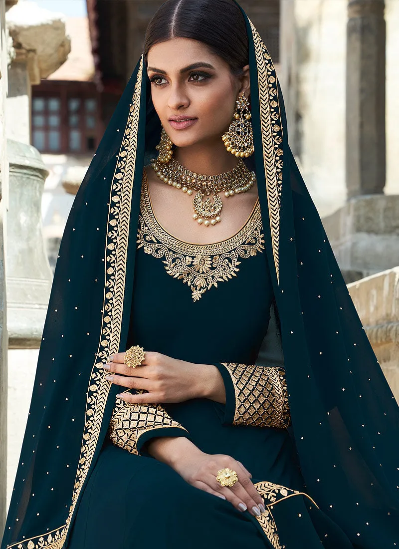 Turquoise Zari Embroidered Anarkali Suit