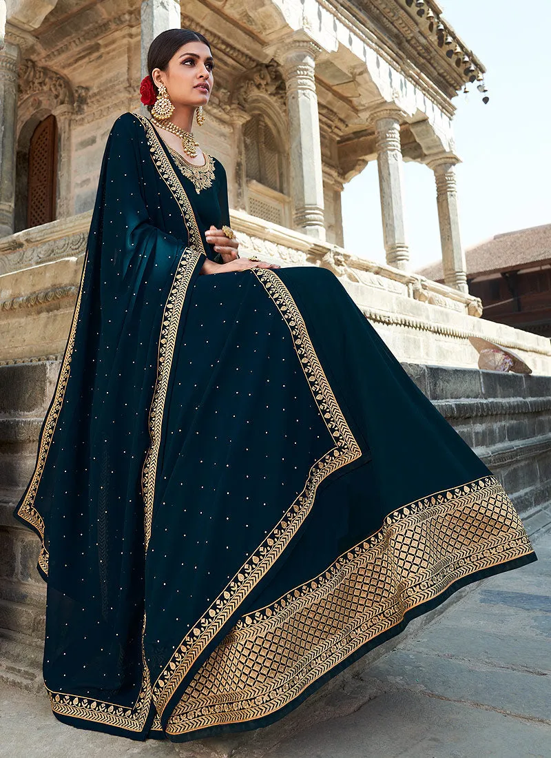 Turquoise Zari Embroidered Anarkali Suit